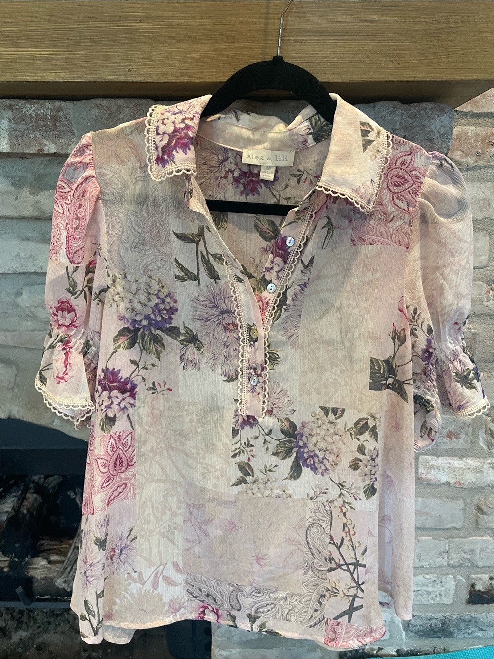 Delicate Pink Floral Patchwork Blouse with Lace Trim